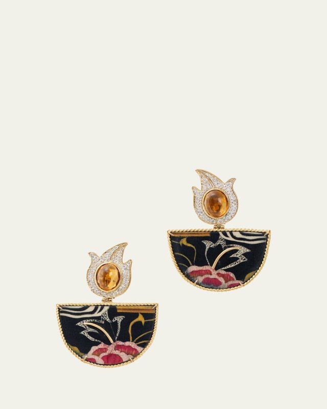 18K Half Moon Marquetry Earrings with Tibetan Rose Print, Diamonds and Citrine